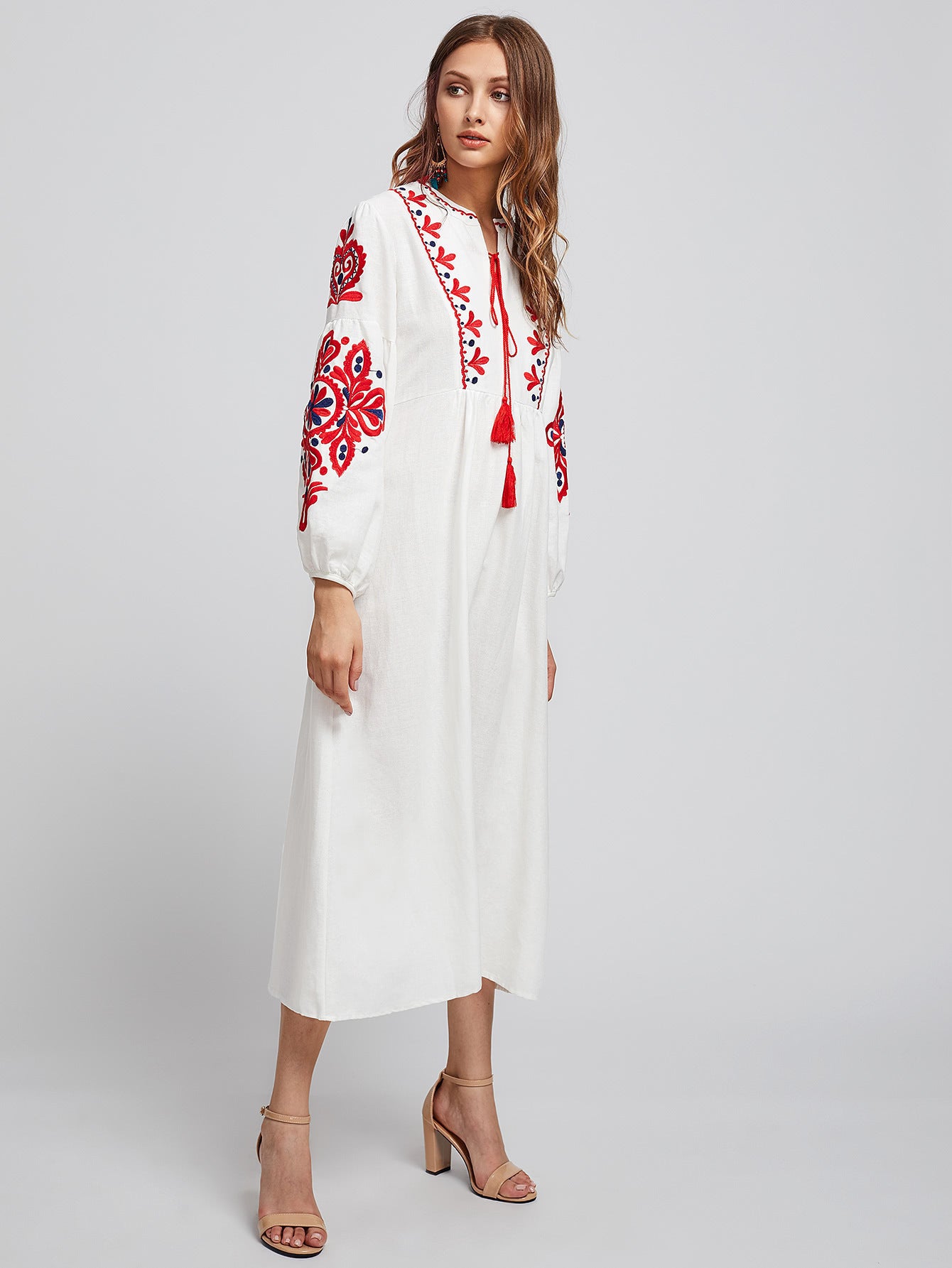 Embroidery Tassel Vintage Dresses V-Neck Bohemian Dress Women Clothing