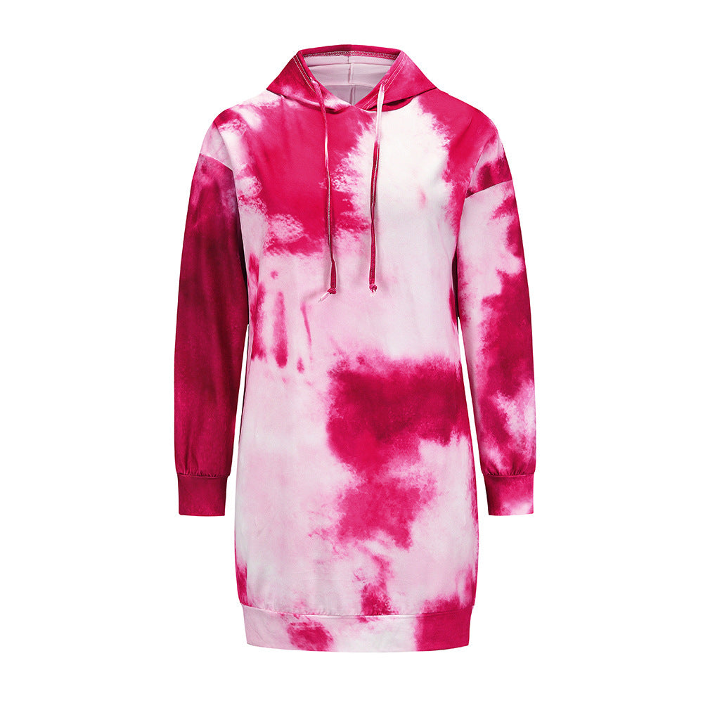 New Women Casual Tie-dye Mid-length Hoodie Dress