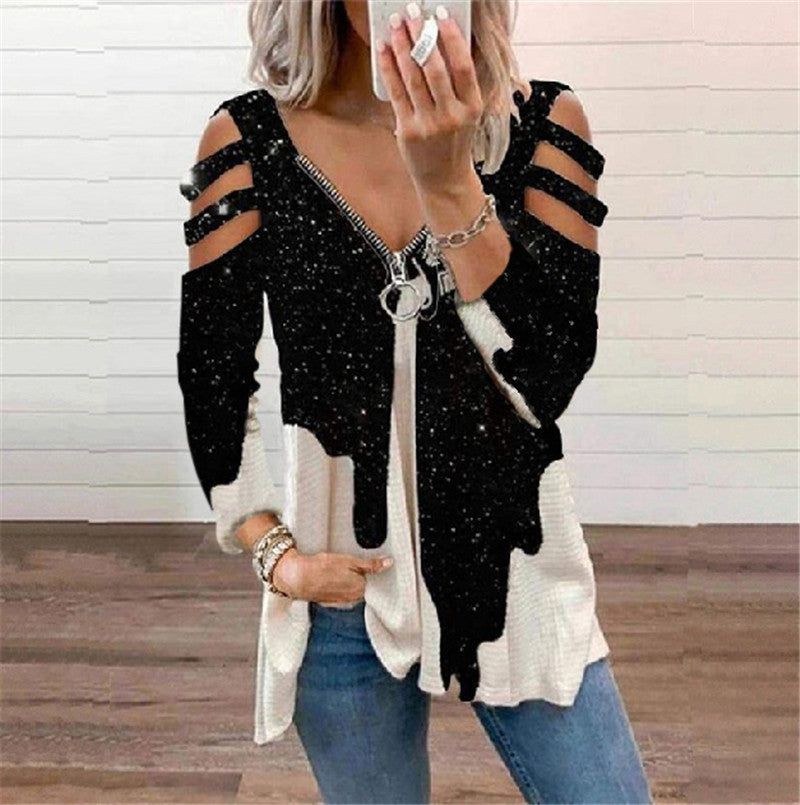 Sexy V Neck Off Shoulder Print Tops Zip Long Sleeve Loose Womens T Shirts Wholesale