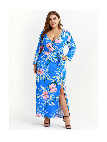 Plus Size Floral Slit Belt Up Maxi Dress