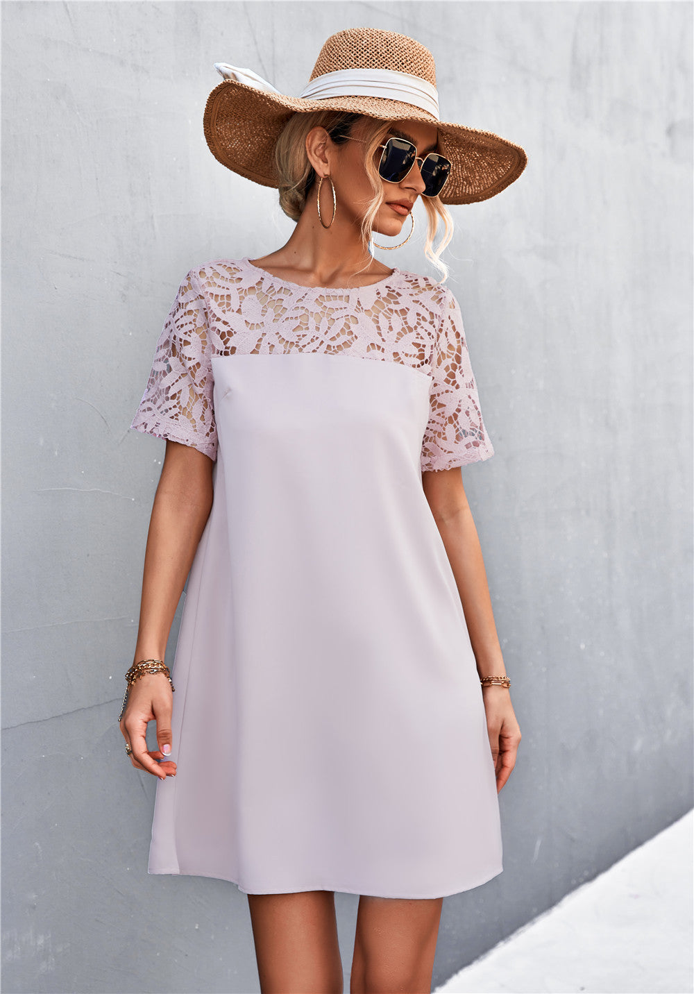 Short Sleeve Round Neck Loose Lace Stiching A-Line Dress Elegant Wholesale Dresses