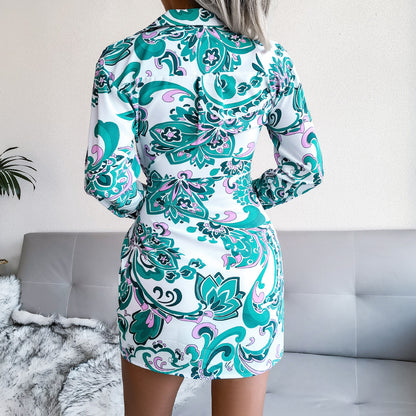 Turn Down Collar Long Sleeve Floral Print V Neck Tie Waist Wholesale Shirt Dresses