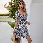 Leopard Print V-Neck Puff Sleeve Tieback Mini Dress Chic Wholesale Dresses
