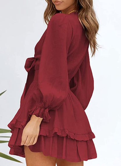 Solid Color V-Neck Tieback Bowknot Long Lantern Sleeve Ruffle Dress Casual Wholesale Dresses