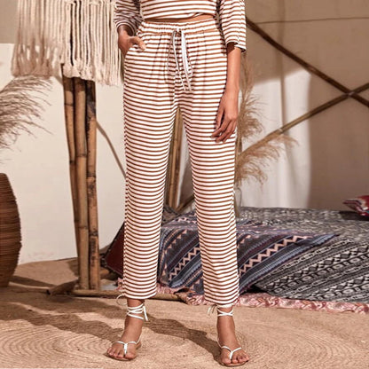 Drawstring Striped Cropped Trousers Wholesale Pajamas SD201475