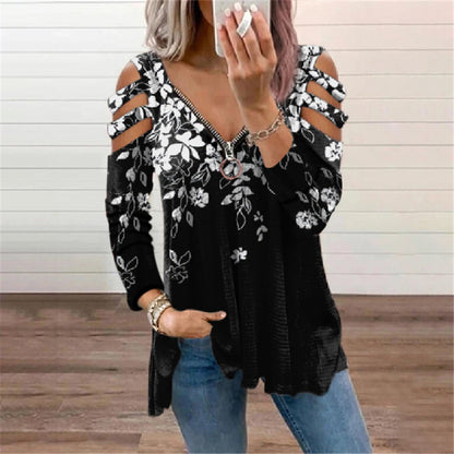 Sexy V Neck Off Shoulder Print Tops Zip Long Sleeve Loose Womens T Shirts Wholesale