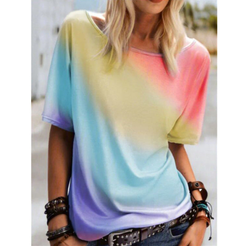 Round Neck Rainbow Gradient Print Short Sleeve Loose Womens Tops Casual Wholesale T Shirts