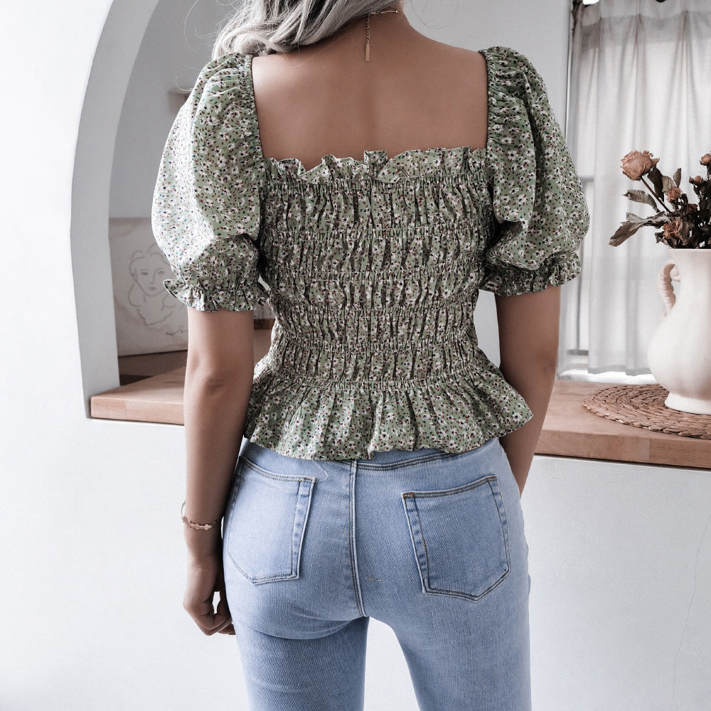 Floral Printed Square Neck Ruffles Puff Sleeve Chiffon Womens Tops Casual Wholesale T Shirts