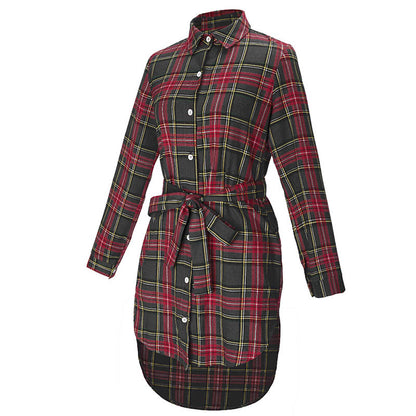 New Women Autumn And Winter Long-sleeved Plaid Strippy Waist Shirt Cardigan