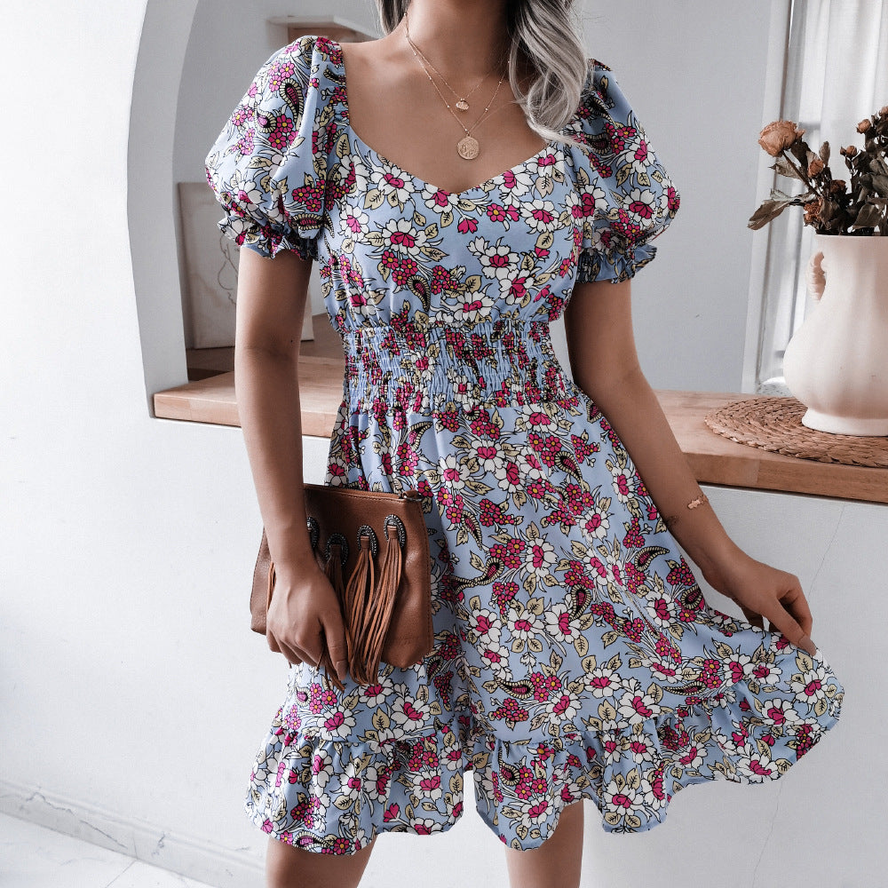 Floral Printed Square Neck Puff Sleeve Casual Ruffles Wholesale Dresses Retro Casual Dress