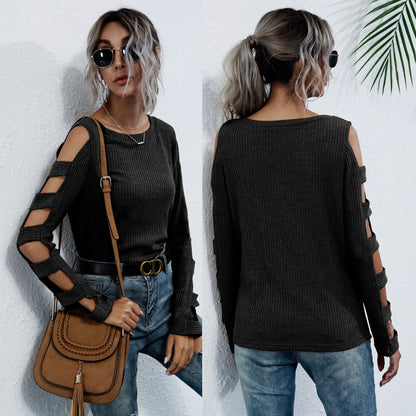 Hollow Black Long Sleeve Wholesale Women Top