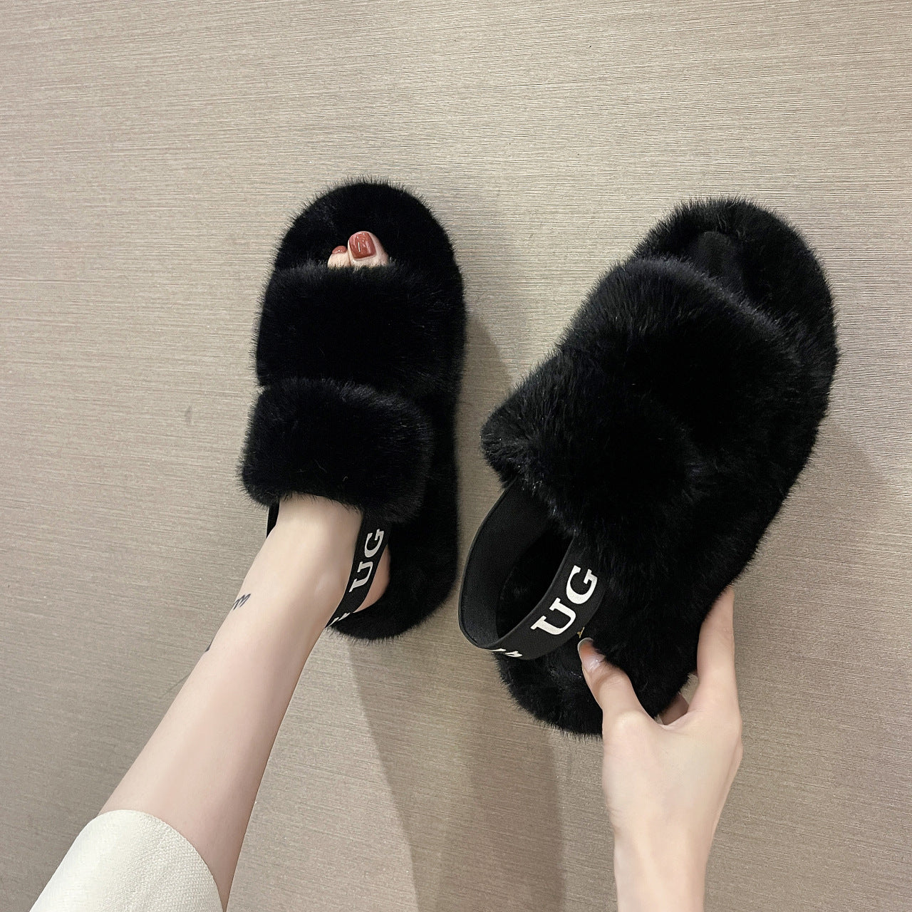 Letter Heel Straps Soft Plush Padded Slippers Wholesale Womens Shoes