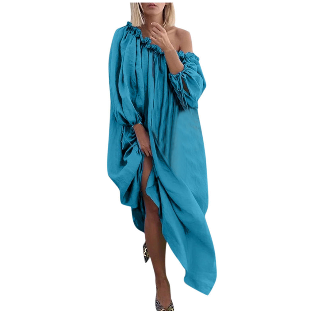 Solid Color Retro Style Long Sleeve Loose Off Shoulder Linen Wholesale Maxi Dresses Vacation Dress