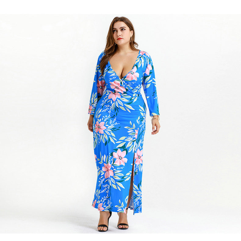 Plus Size Floral Slit Belt Up Maxi Dress