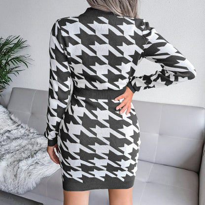 Houndstooth Fashion Knitted Dress Lady Wholesale