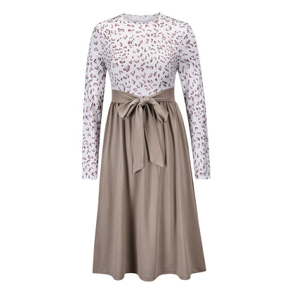 New Women Autumn And Winter Leopard Print Stitching High Waist Slim Dress