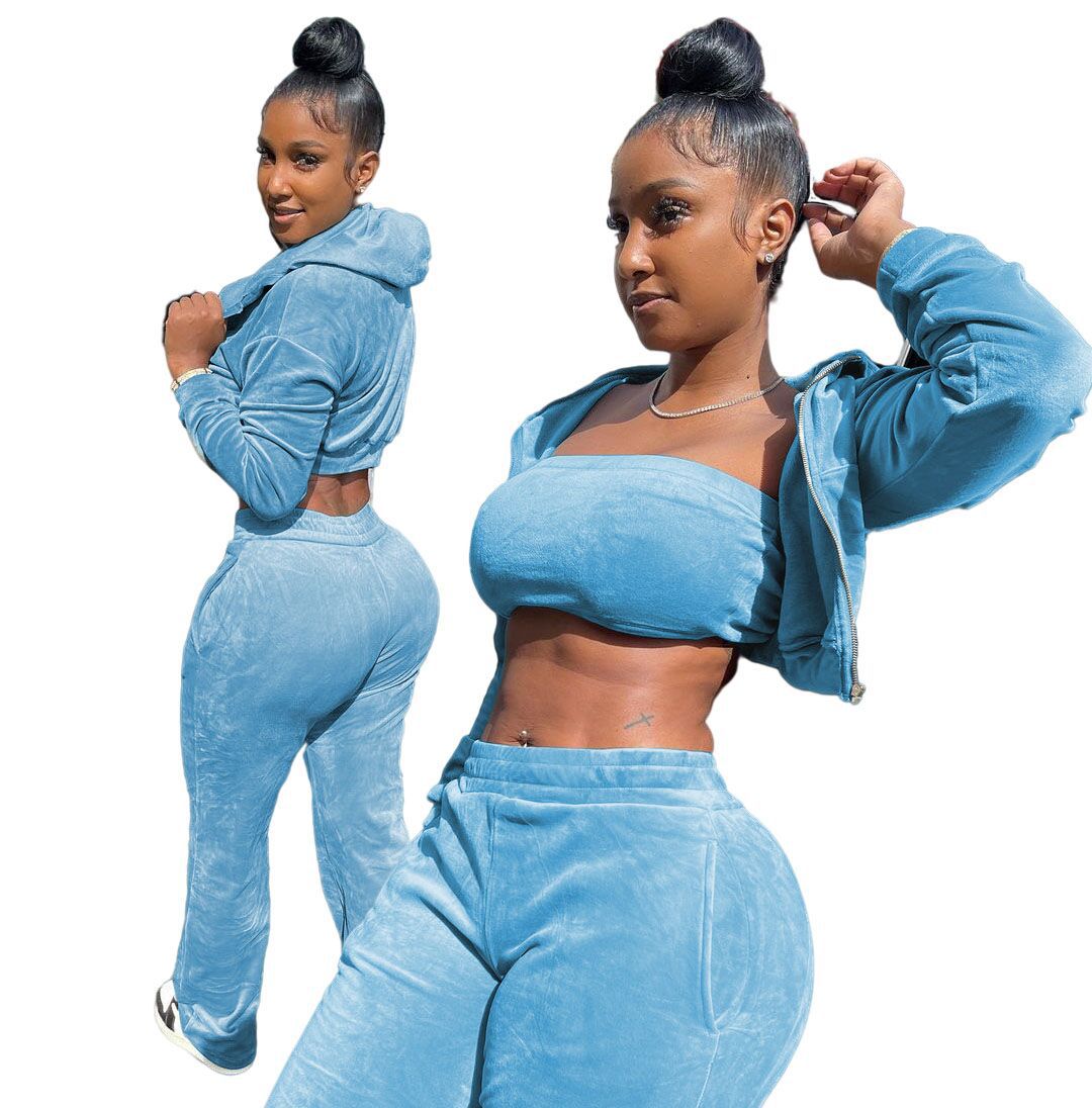 3pcs Women Wholesale Sets Short Hoodies Crop Top Pants