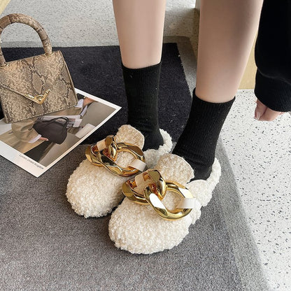 Chain Furry Half Slippers Mules Wholesale Shoes Fashion Warm Plush Slippers