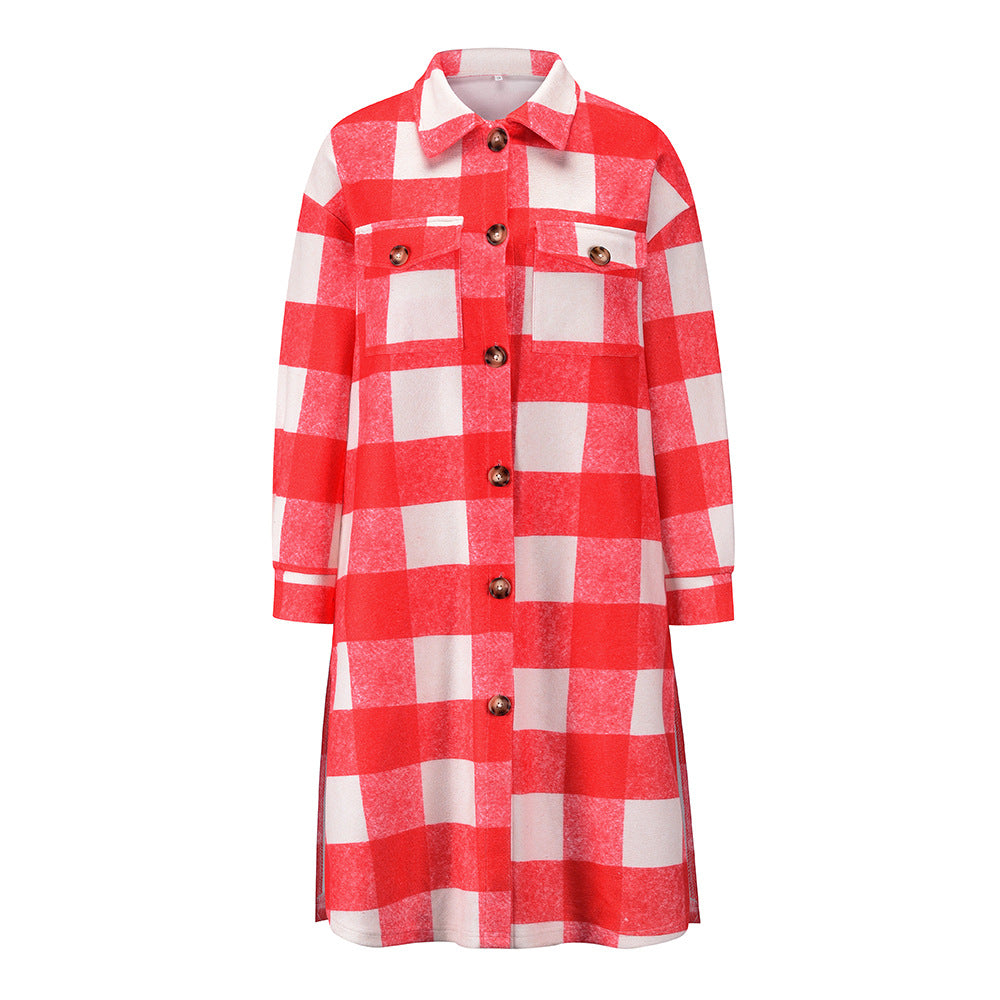 New Autumn And Winter Plaid Long-sleeved Long Cardigan Coat