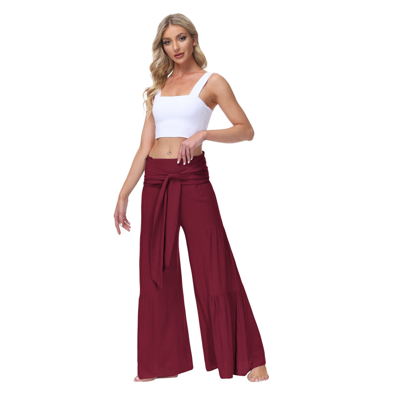 Solid Color Tie Waisted Wide Leg Palazzo Wholesale Pants