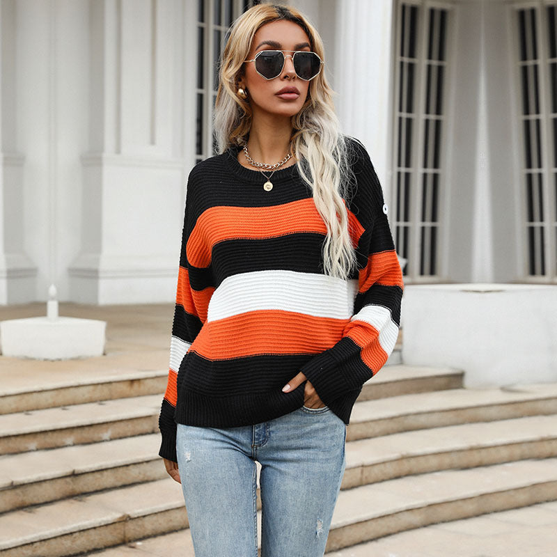 Loose Hit Color Striped Jumper Wholesale Women Sweater