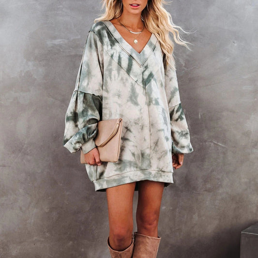 Tie-Dye Print Big V-Neck Loose Casual Sweatshirt Women Clothing Wholesale Vendor