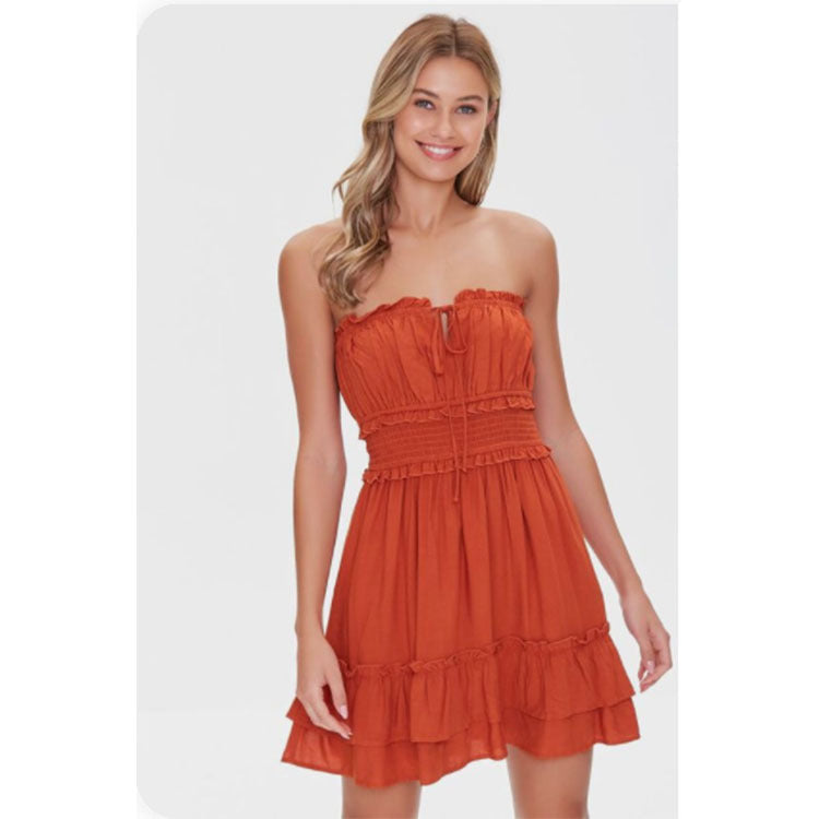 Solid Color Lace-Up Smocked Elastic Waist Ruffle Tube Dress Vacation Beach Wholesale Dresses
