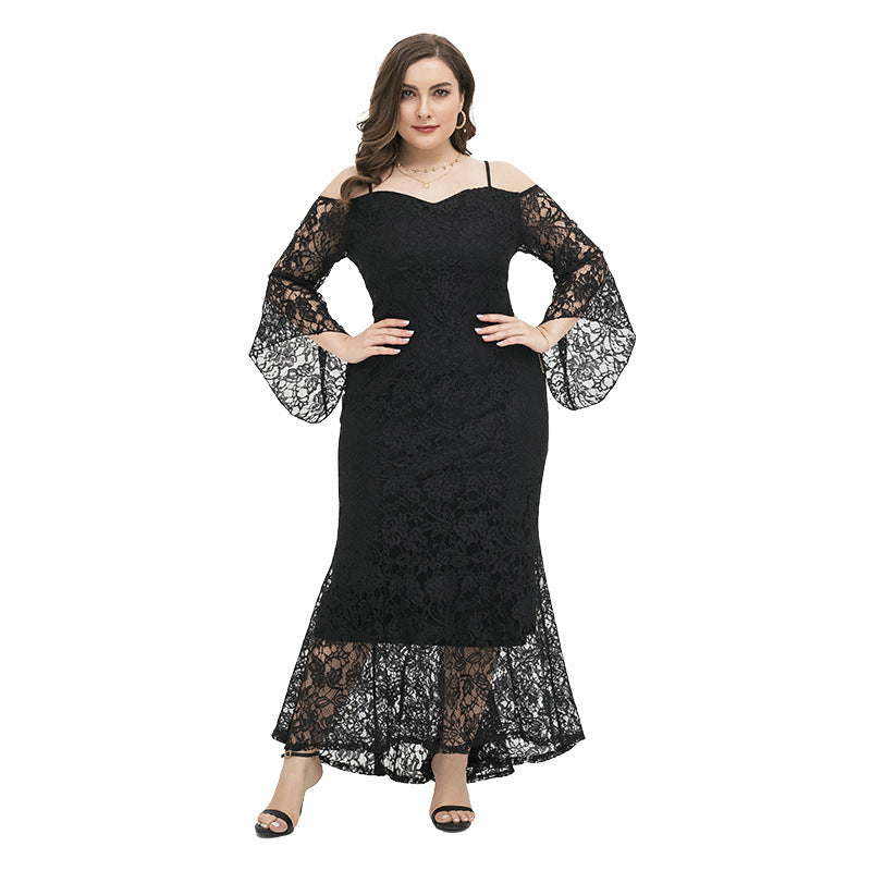 Plus Size Cami Flare Sleeve Lace Slim See-Through Maxi Dress