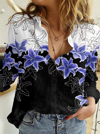 Floral Print Turn Down Collar Long Sleeve Wholesale Shirts