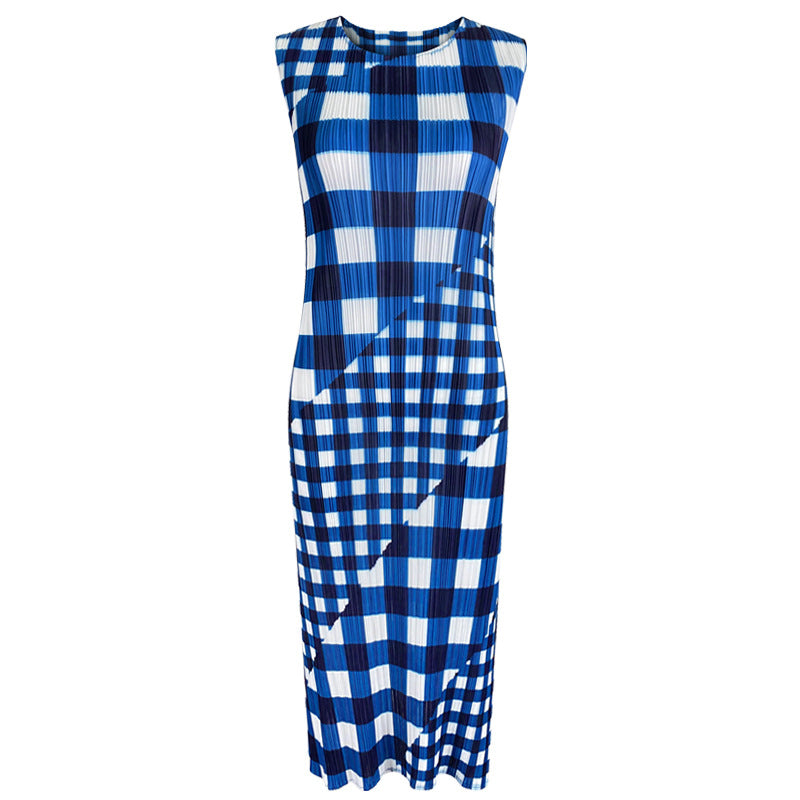 Sleeveless Gingham Patchwork O-Neck Slim Slit Midi Dress