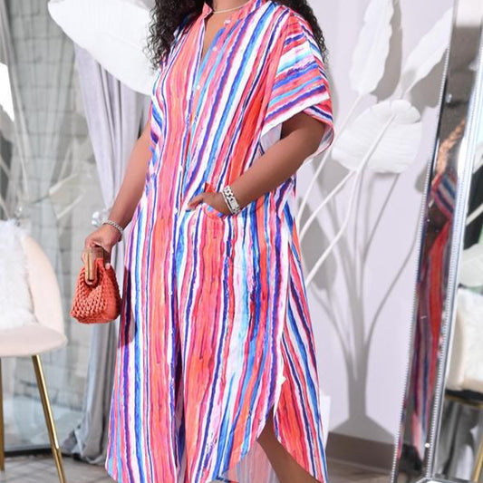 Striped Short Sleeve Button Down Baggy Shirt Long Dress