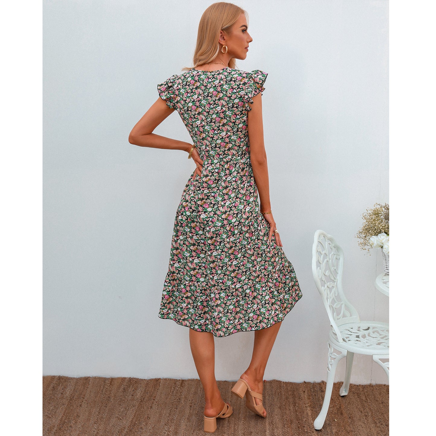 Floral Print V-Neck Frill Sleeve Midi Swing Dress Summer Casual Wholesale Dresses