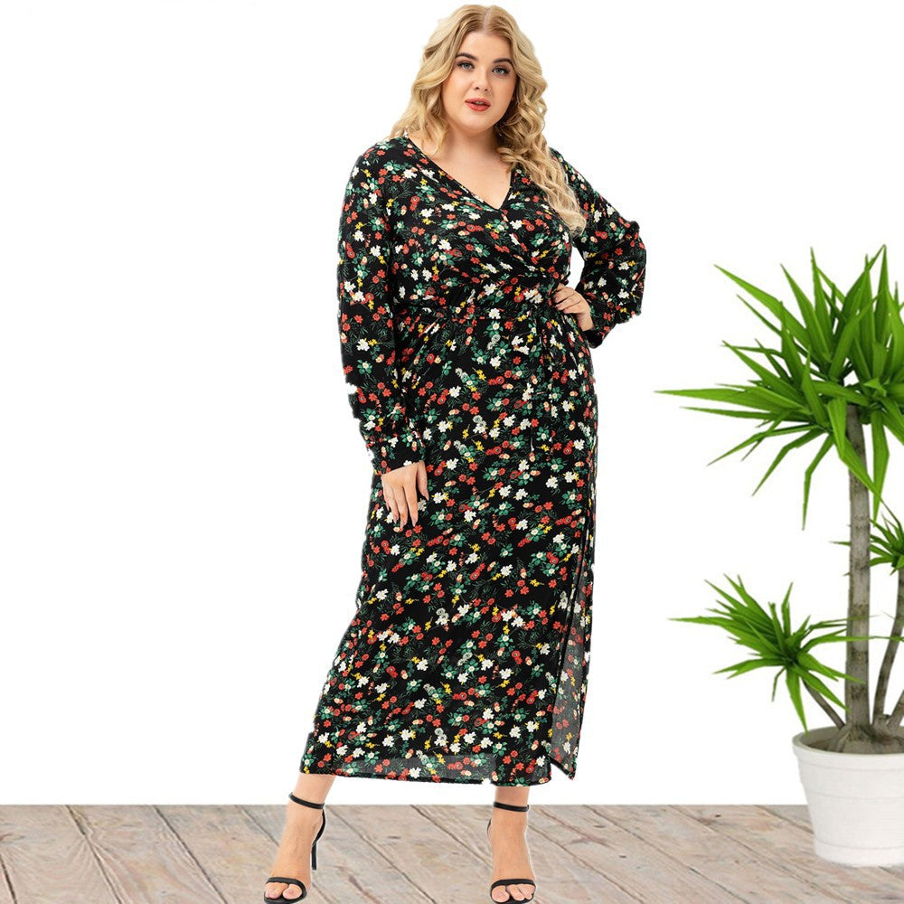 Plus Size Women Long Sleeve Floral Split Dress Wholesale