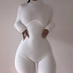 White Ribbed Long Sleeve Women Jumpsuit Activewear