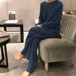 Solid Color Knitted Loose Sweater & Wide Leg Pants Loungewear Wholesale Womens 2 Piece Sets