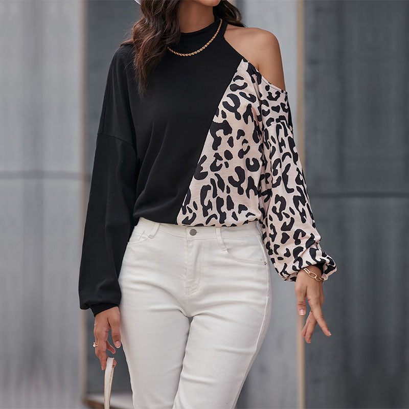 Ladies Long Sleeve Stitching Leopard Print Off-Shoulder T-Shirt Wholesale