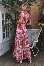 V Neck Short Sleeve Lace Up Boho Print Slit Wide Swing Maxi Dresses Casual Wholesale Bohemian Dress For Women SD531166