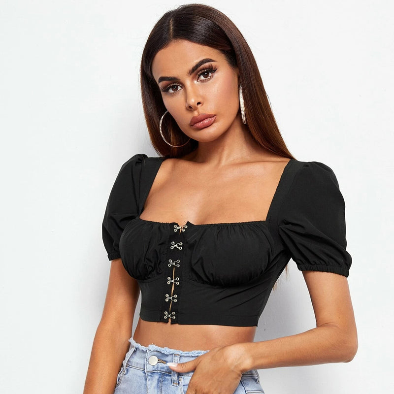 Puff Short Sleeve Sqaure Neck Hollow Solid Crop Top ST080025