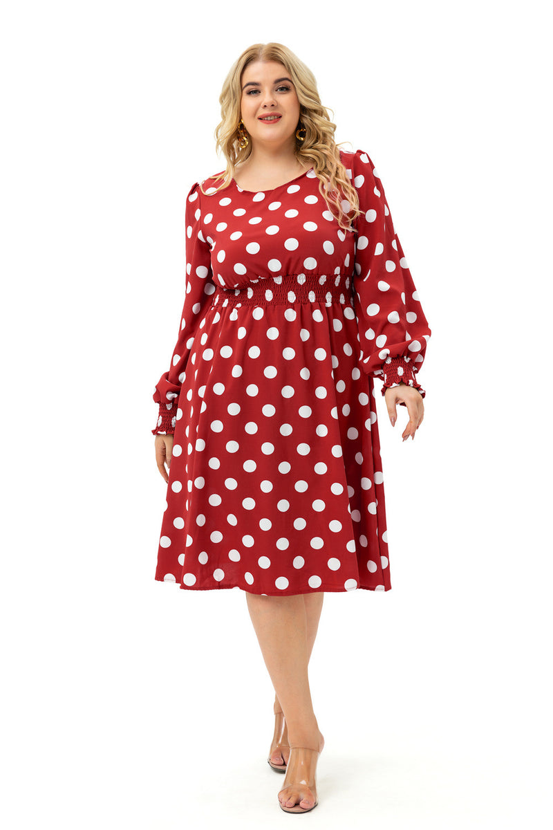 Xmas Plus Size Wholesale Long-Sleeved Polka-Dot Midi Dress