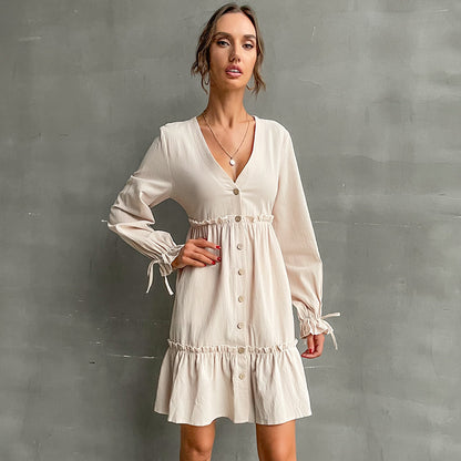 Ruffle Buttons Design Fungus Sleeve V Collar Dress Wholesale