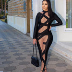 Sexy Tight Mesh Stitching Tie-Up Long Sleeve Women Jump Suits Sexy Wholesale Jumpsuits