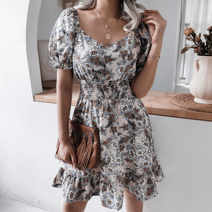 Floral Printed Square Neck Puff Sleeve Casual Ruffles Wholesale Dresses Retro Casual Dress