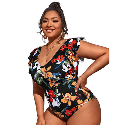 Floral Low Cut One Piece Plus Size Swimwear Wholesale