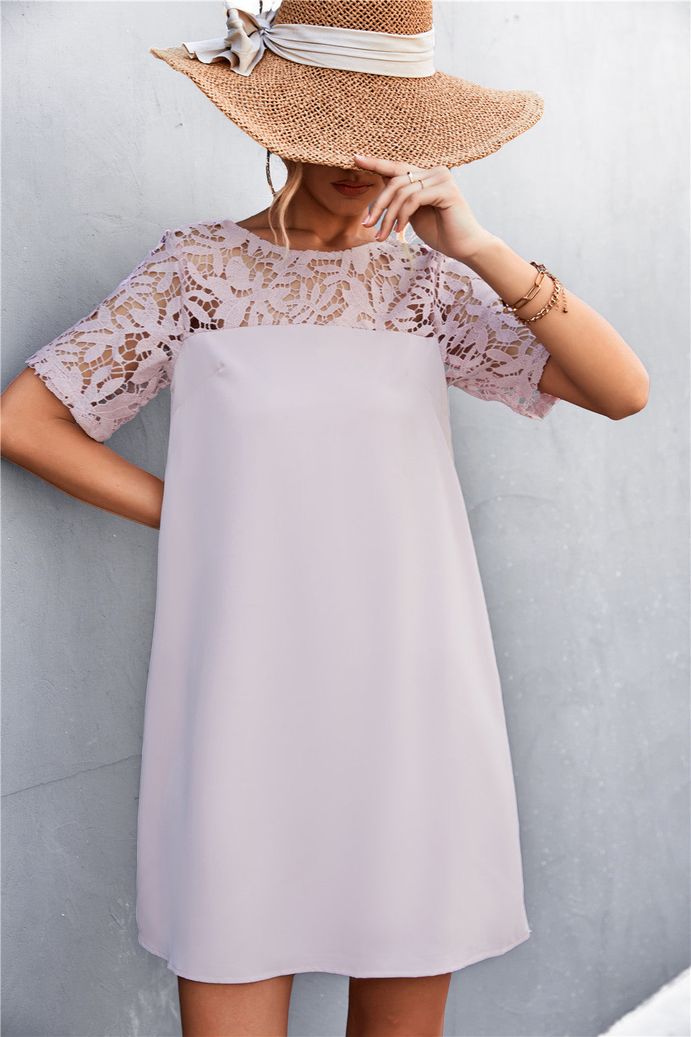 Short Sleeve Round Neck Loose Lace Stiching A-Line Dress Elegant Wholesale Dresses