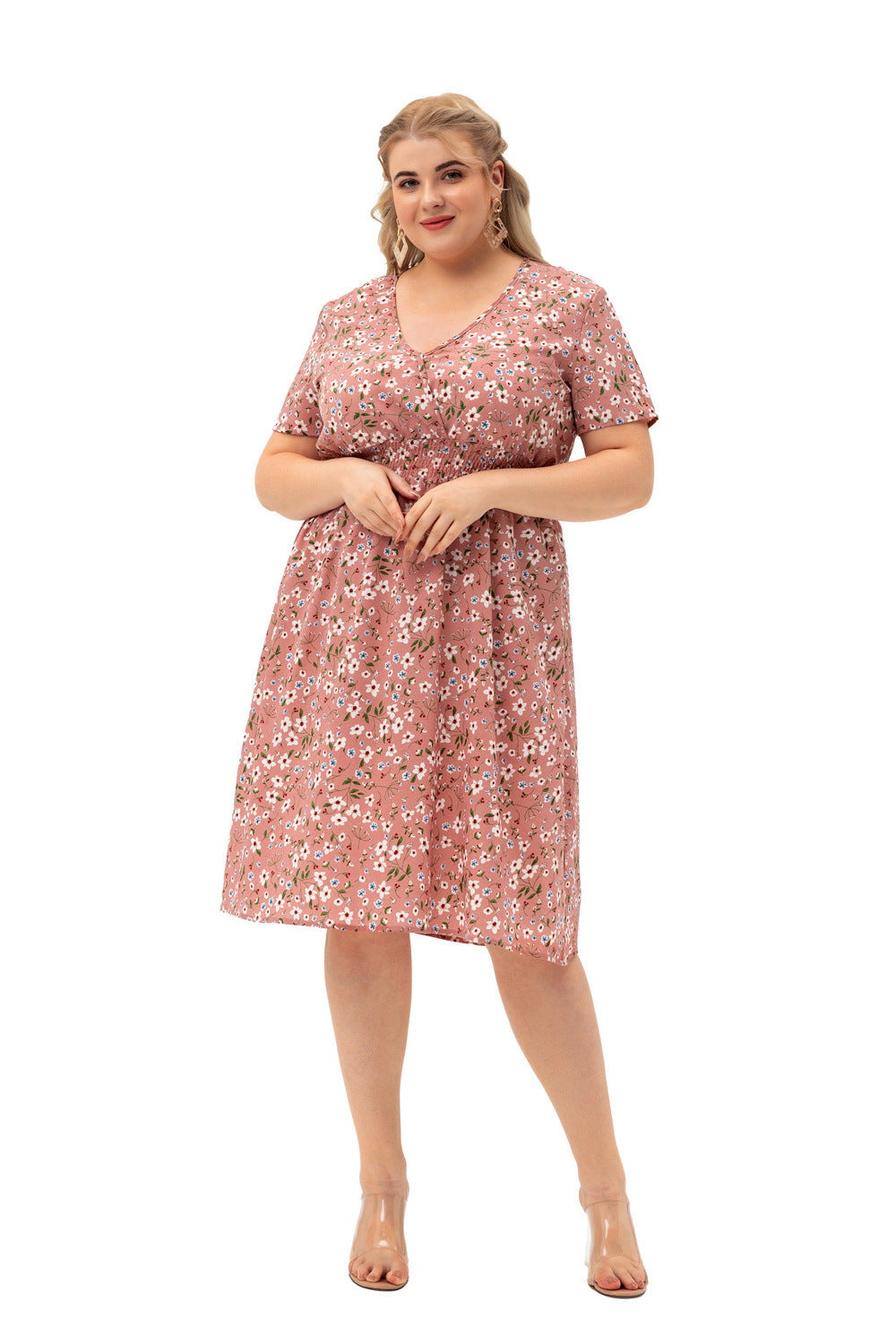 Women Fashion Short Sleeve V Neck Wholesale Plus Size Floral Dresses Summer