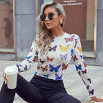 Butterfly Printed Long Sleeve Ladies T-Shirt Top Trendy Wholesale Crop Tops