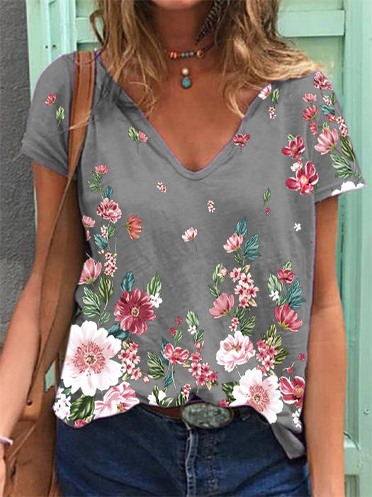 Floral V Neck T Shirt Wholesale Womens Clothing