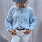 Long Sleeve Blue Solid Color Round Neck Casual Sweater Sweater Wholesale