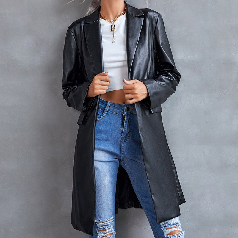 Long PU Blazer Coat For Wholesale Women Clothing