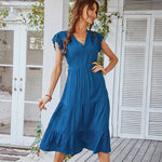 Casual Dress Day Wholesale V-Neck Ruffle Sleeves Solid Color SD191083